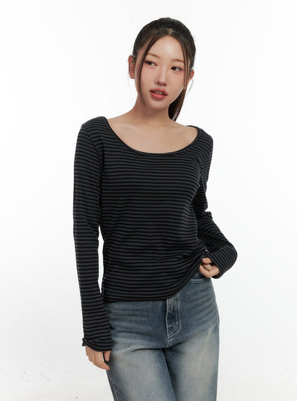 striped-cotton-u-neck-long-sleeve-tee-cn412 / Black