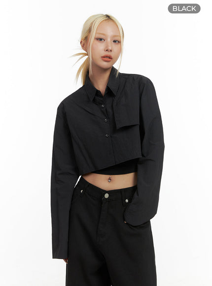 buttoned-solid-crop-blouse-co414 / Black