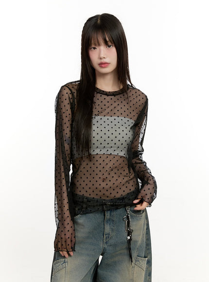 Sheer Polka-Dot Long-Sleeve Top CM513