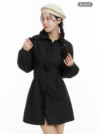 collar-long-sleeve-ruched-button-mini-dress-om418 / Black