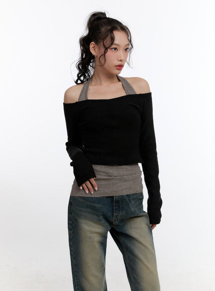 solid-stretch-off-shoulder-crop-top-cn420 / Black