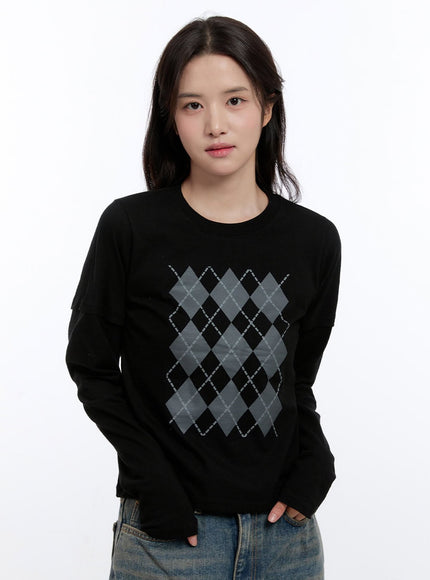 argyle-print-long-sleeve-top-on418 / Black