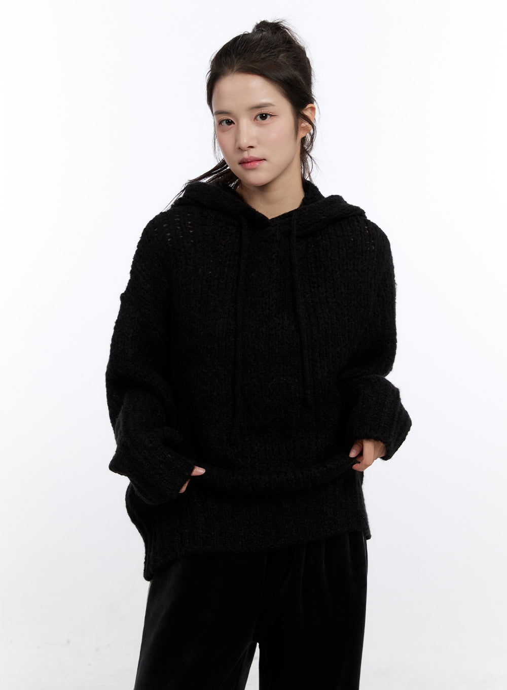 loose-knit-oversized-hoodie-on418 / Black