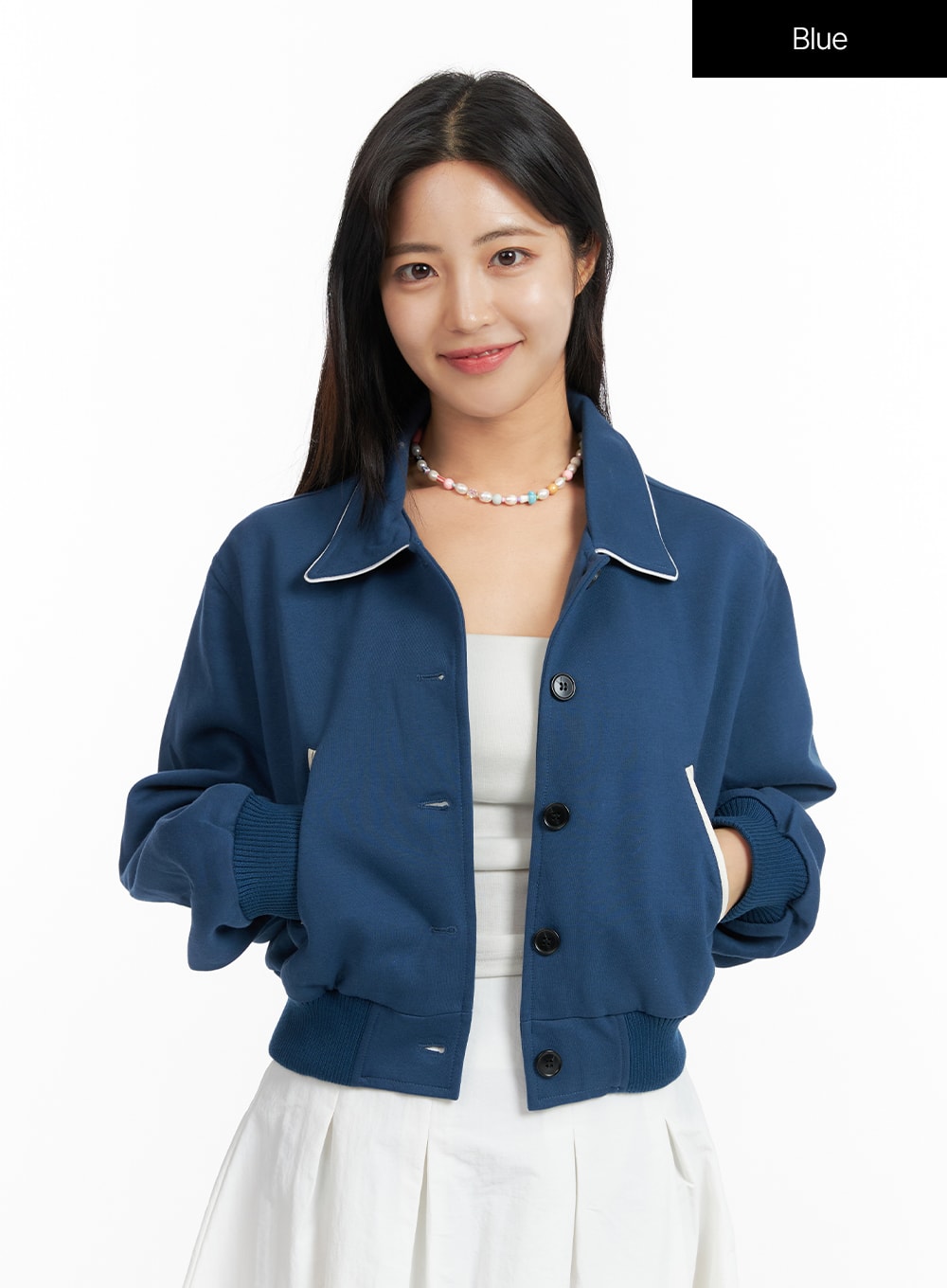 solid-collar-pocket-jacket-of420 / Blue