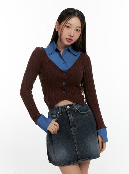 colorblock-knit-shirt-cn412 / Brown