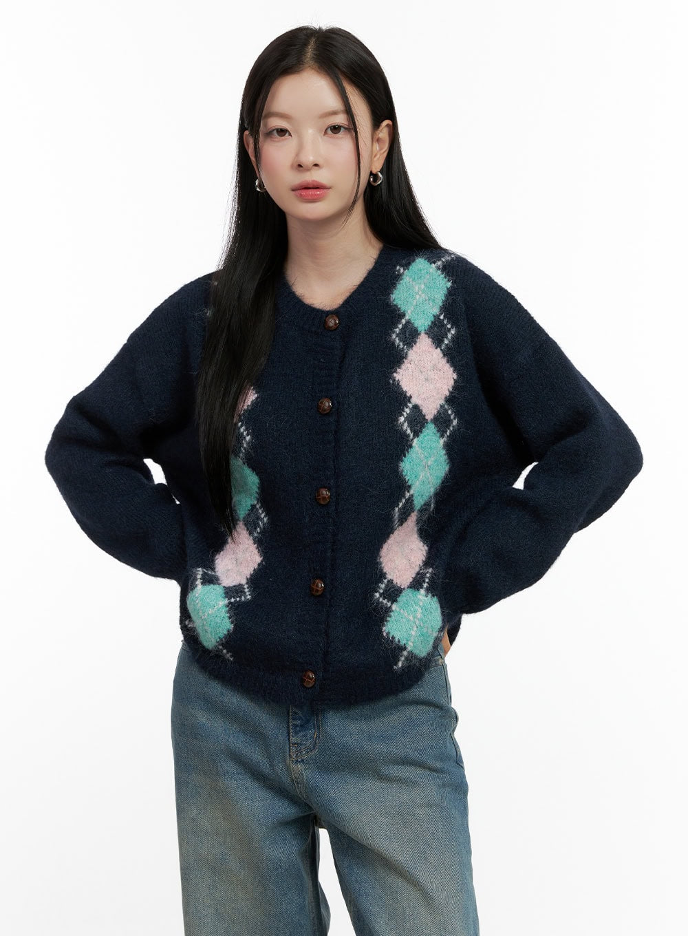 argyle-loose-fit-cardigan-on408 / Dark blue