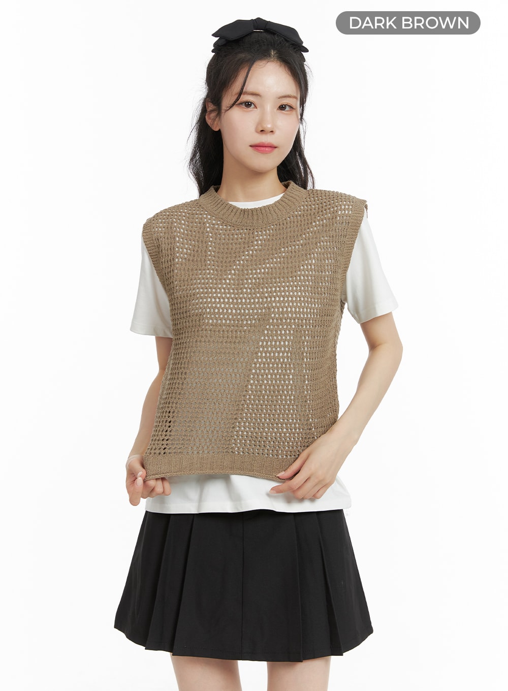 wool-blend-solid-knit-hollow-out-vest-om421 / Dark brown