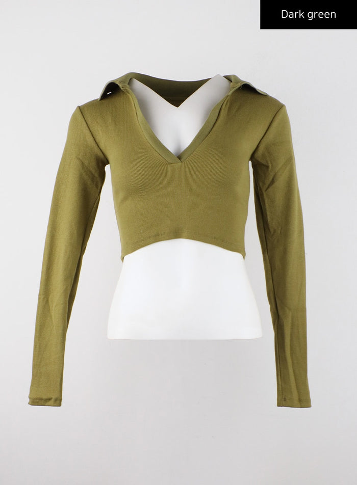 v-neck-collar-long-sleeve-crop-tee-cd322 / Dark green