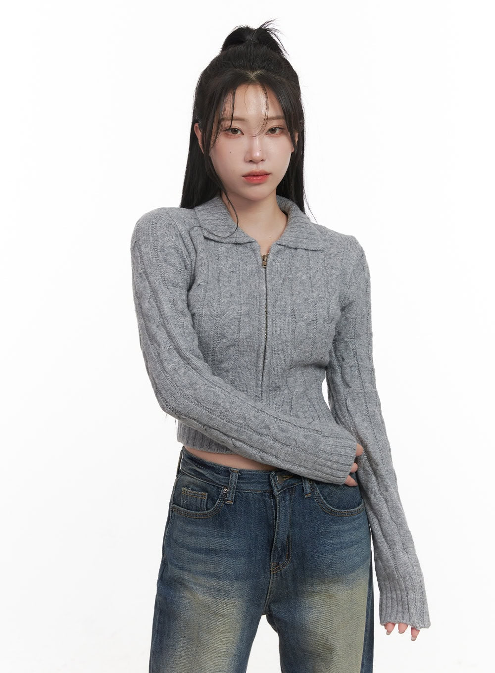 Cable-Knit Collared Zip-Up Crop Cardigan CJ516