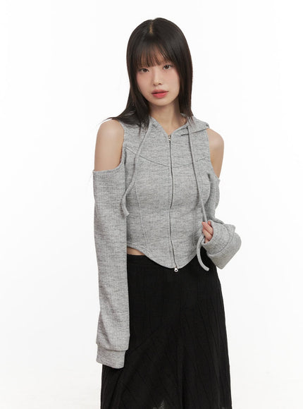 shoulder-cut-out-cropped-hoodie-cd430 / Gray