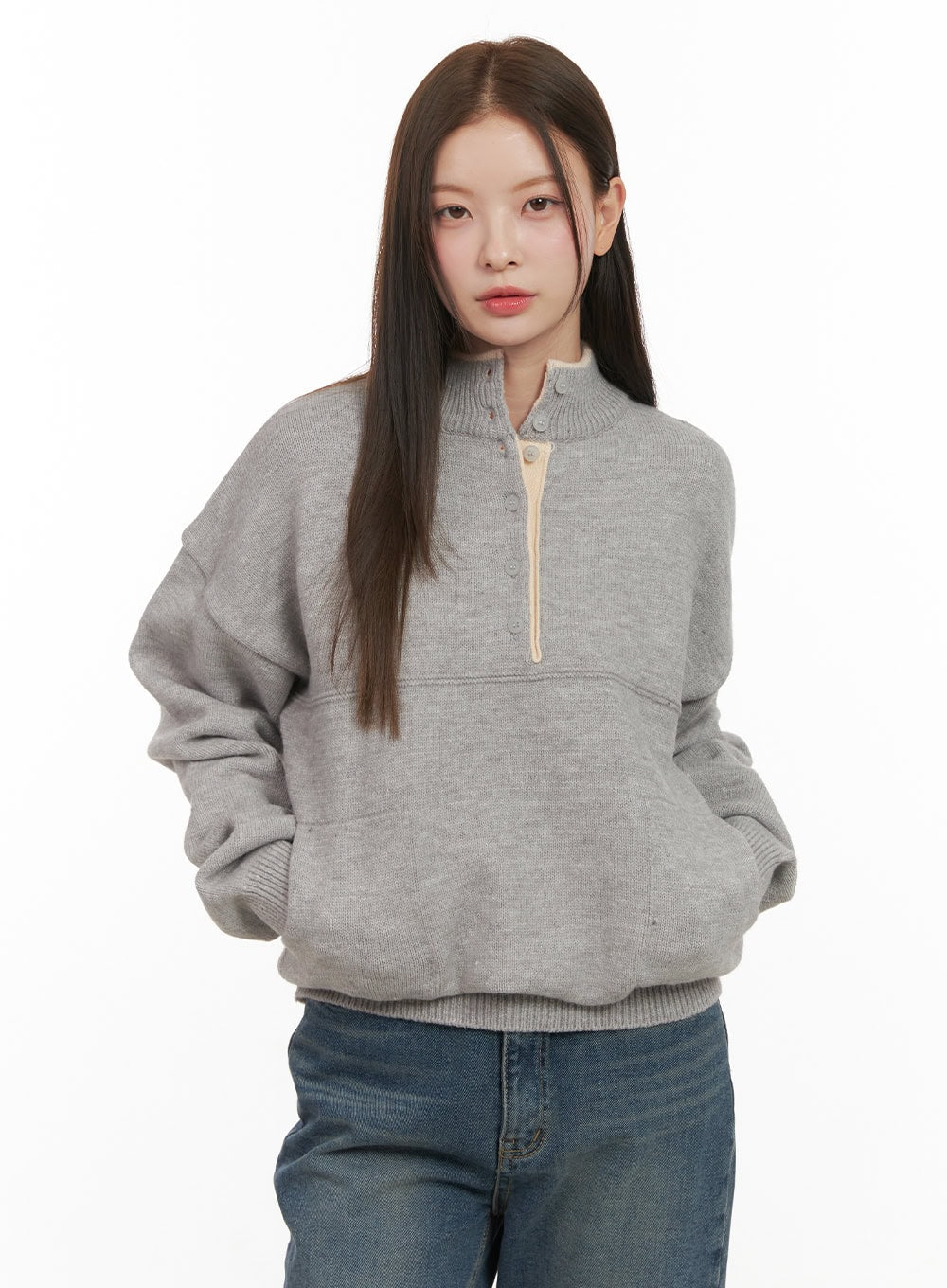 soft-half-button-sweater-od412 / Gray