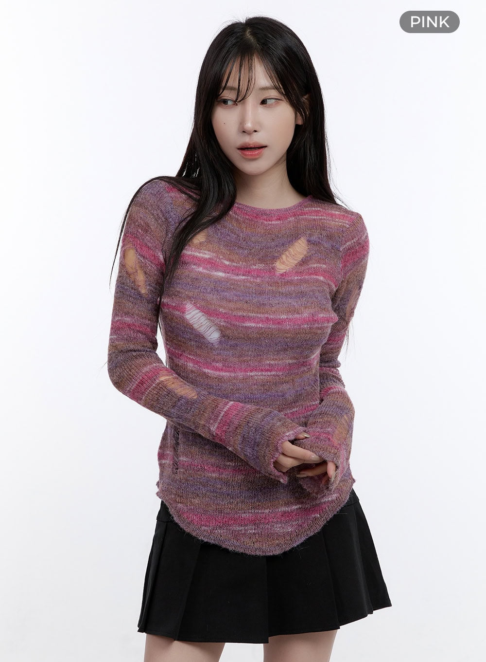 stripe-destroyed-long-sleeve-knit-top-co419 / Pink