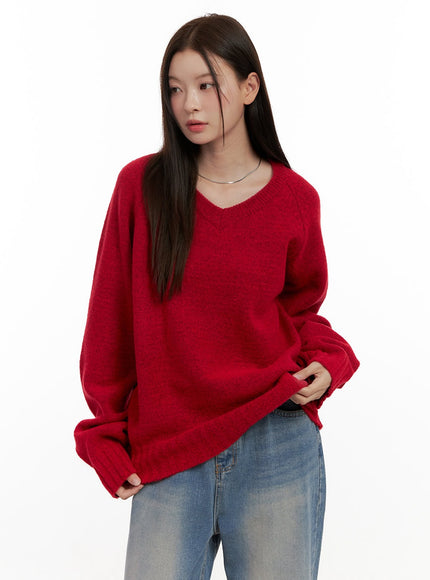 oversized-v-neck-sweater-on422 / Red