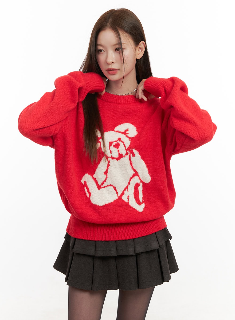 cozy-graphic-print-sweater-od417 / Red