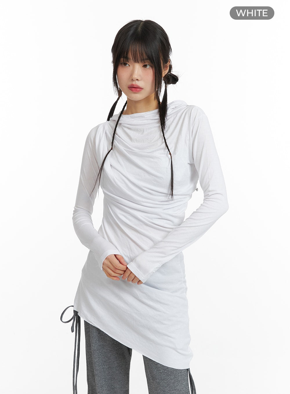 shirred-hooded-long-sleeve-dress-cf422 / White