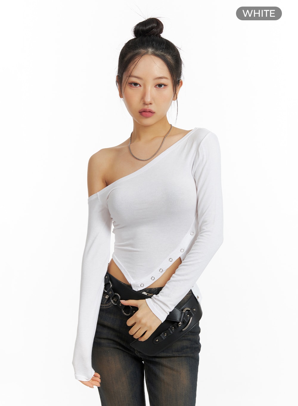 asymmetrical-one-shoulder-side-cut-long-sleeve-cf416 / White