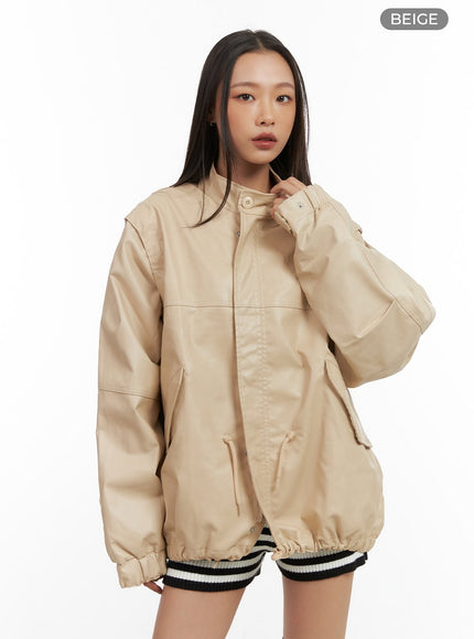 oversized-buttoned-faux-leather-jacket-co424 / Beige