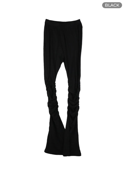 shirred-solid-flared-leggings-ca401 / Black