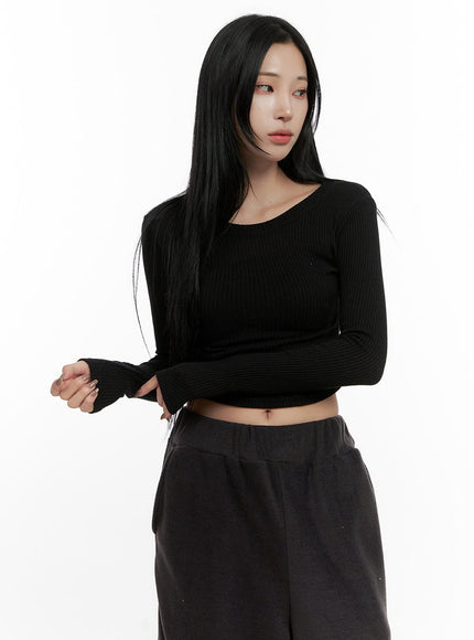 long-sleeve-round-neck-crop-top-cn408 / Black