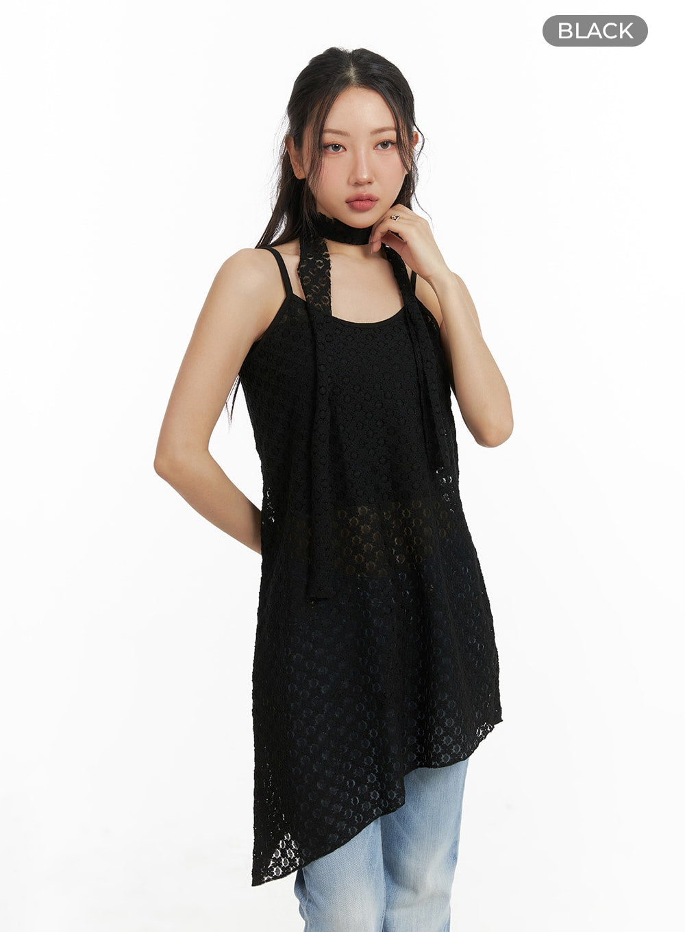 asymmetric-lace-mini-dress-with-scarf-cm426 / Black
