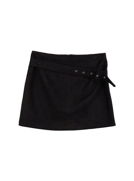 buckle-detail-suede-mini-skirt-cn413 / Black