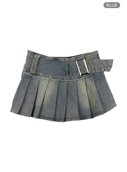 buckle-pleated-denim-mini-skirt-co419 / Blue