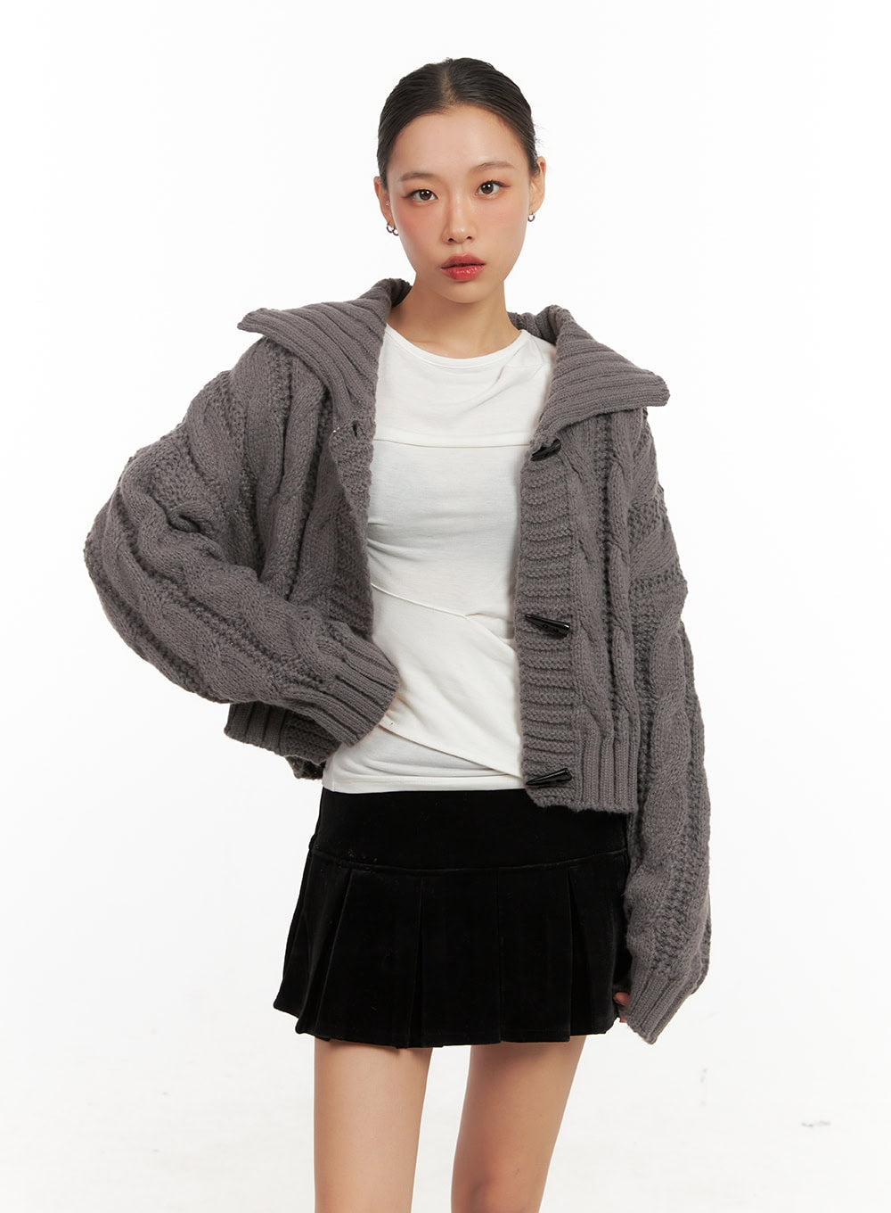 cable-knit-collar-crop-cardigan-cd410 / Gray