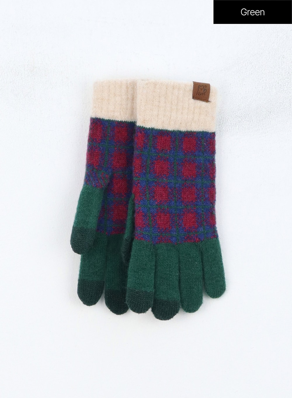 color-block-plaid-knit-gloves-in317 / Green