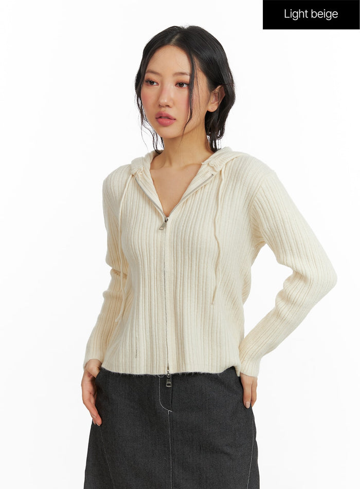 hooded-zip-up-knit-sweater-cf408 / Light beige