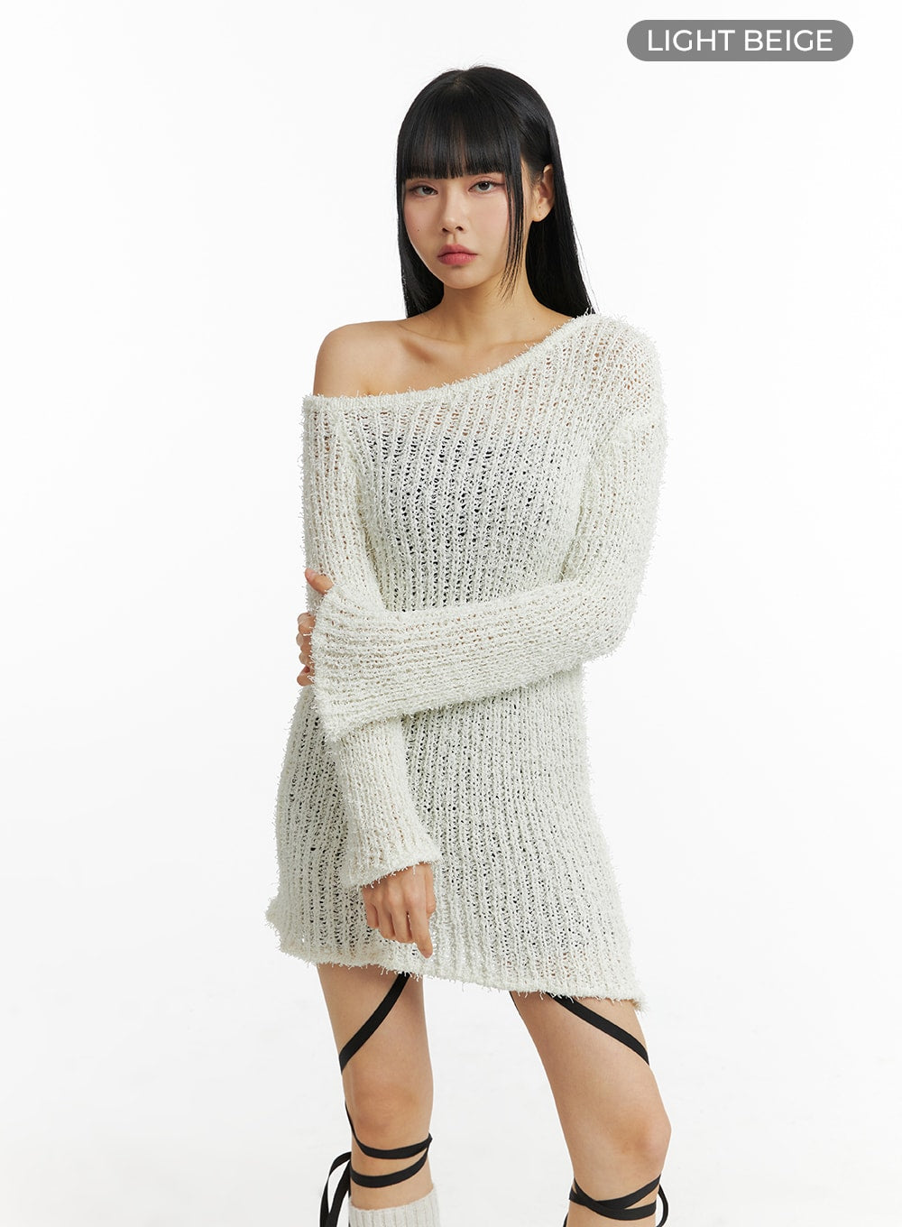 fuzzy-knit-asymmetrical-shoulder-mini-dress-cm406 / Light beige