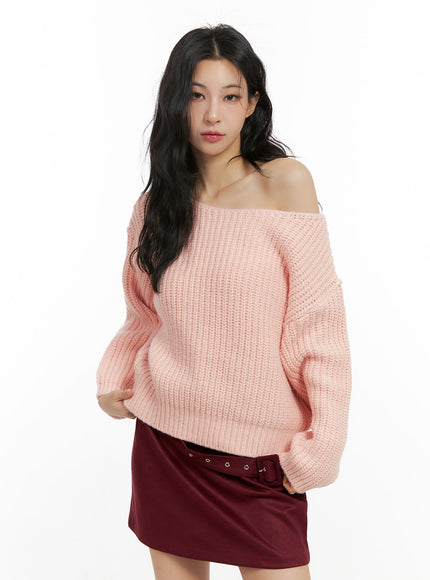 off-shoulder-loose-fit-knit-sweater-cn413 / Pink