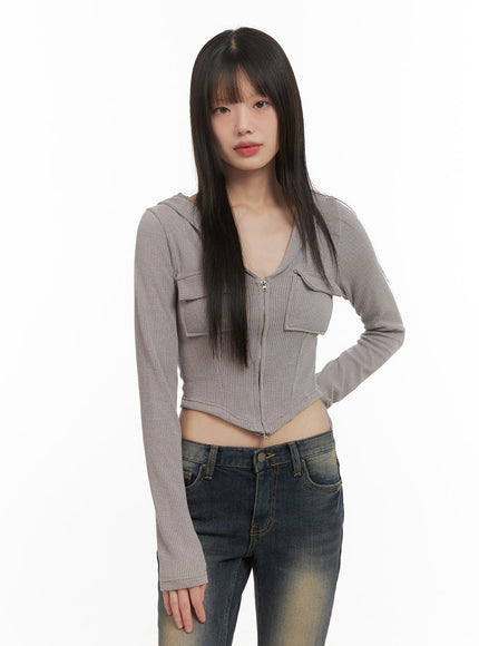 cropped-v-neck-zip-up-hoodie-cd426 / Beige