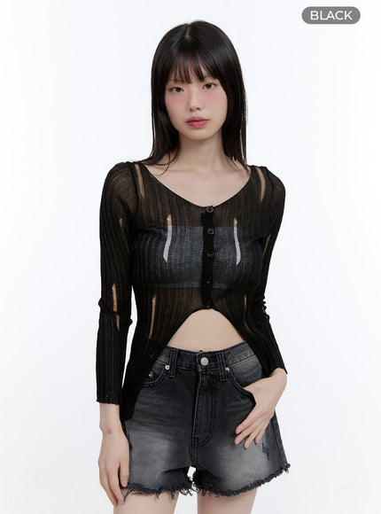 buttoned-v-neck-see-through-top-cg412 / Black