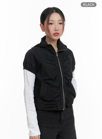 shirred-hooded-short-sleeve-nylon-jacket-ca415 / Black