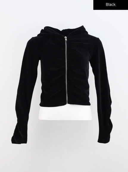 velvet-shirred-hoodie-zip-up-jacket-cn321 / Black