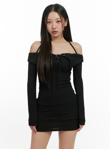 strappy-long-sleeve-mini-dress-cn413 / Black