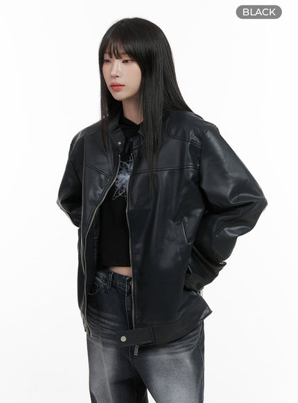 chic-oversized-zip-up-faux-leather-jacket-cs419 / Black