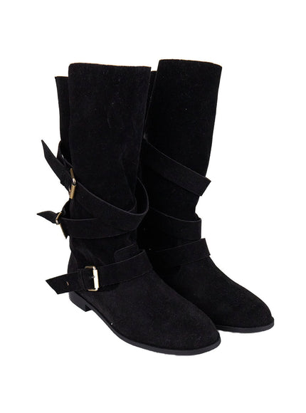 Triple Buckle Suede Mid-Calf Boots CJ511