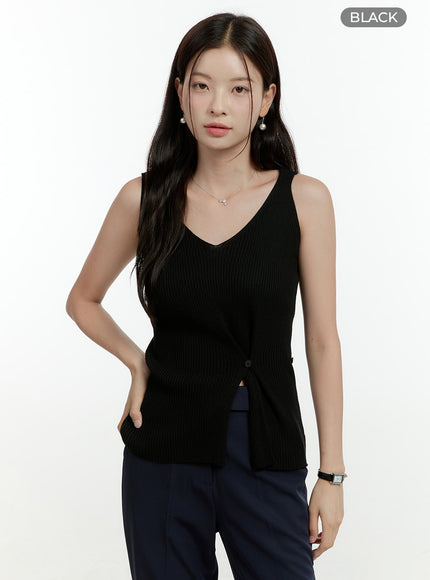 v-neck-twisted-waist-slim-top-ol430 / Black