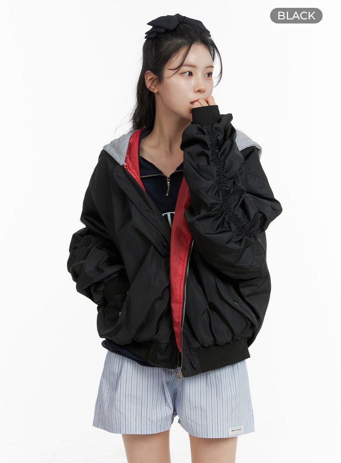 contrasting-hoodie-bomber-jacket-om418 / Black