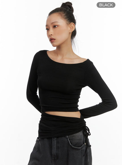 unbalanced-shirring-long-sleeve-top-co424 / Black