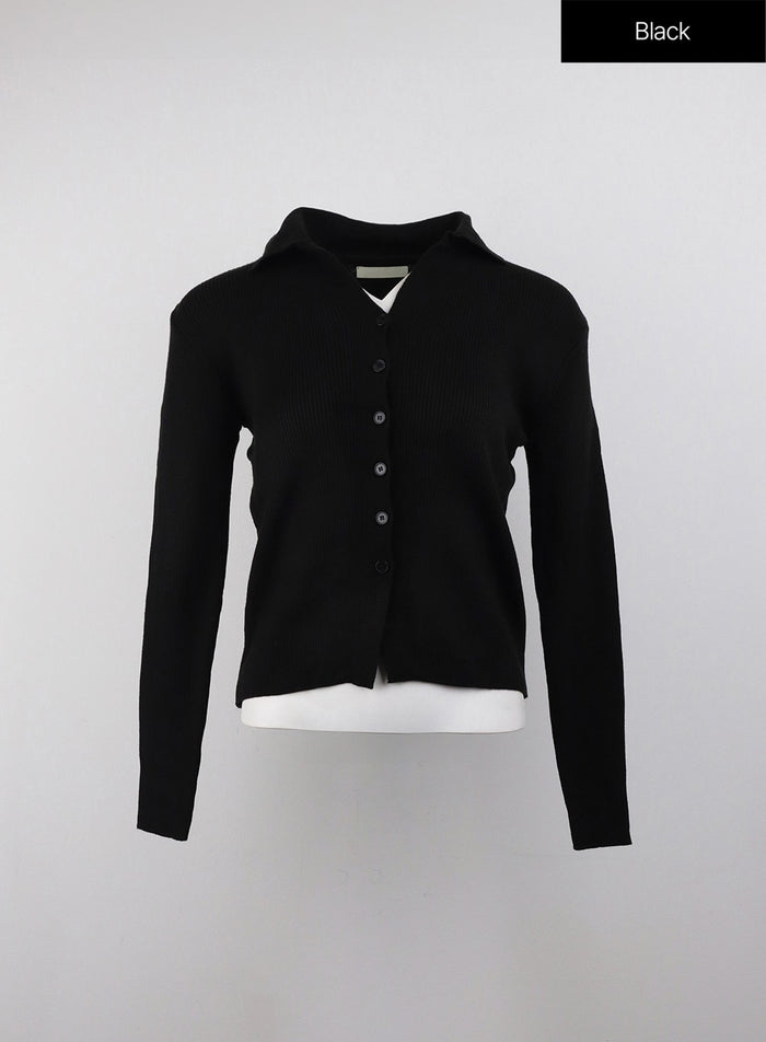 knit-collar-solid-button-cardigan-oj415 / Black
