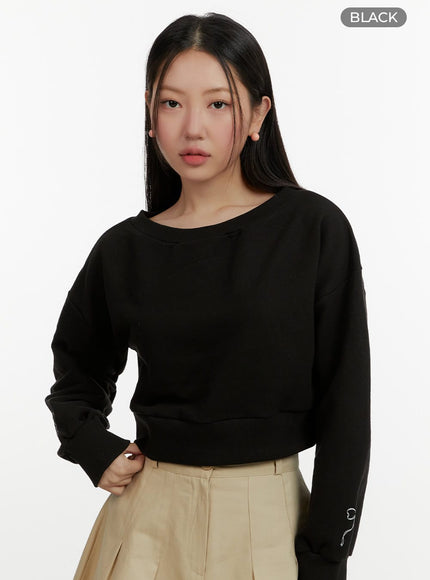 ribbon-graphic-crop-sweatshirt-oy413 / Black