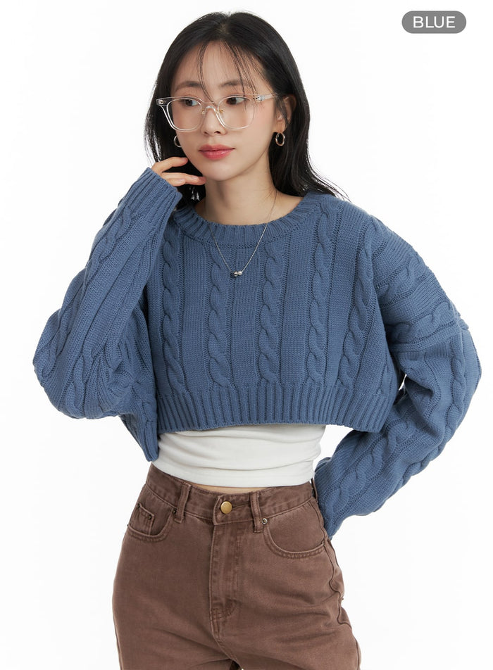 cable-knit-cropped-sweater-om412 / Blue