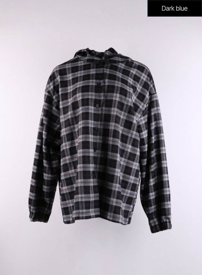 checkered-buttoned-hooded-shirt-cf407 / Dark blue
