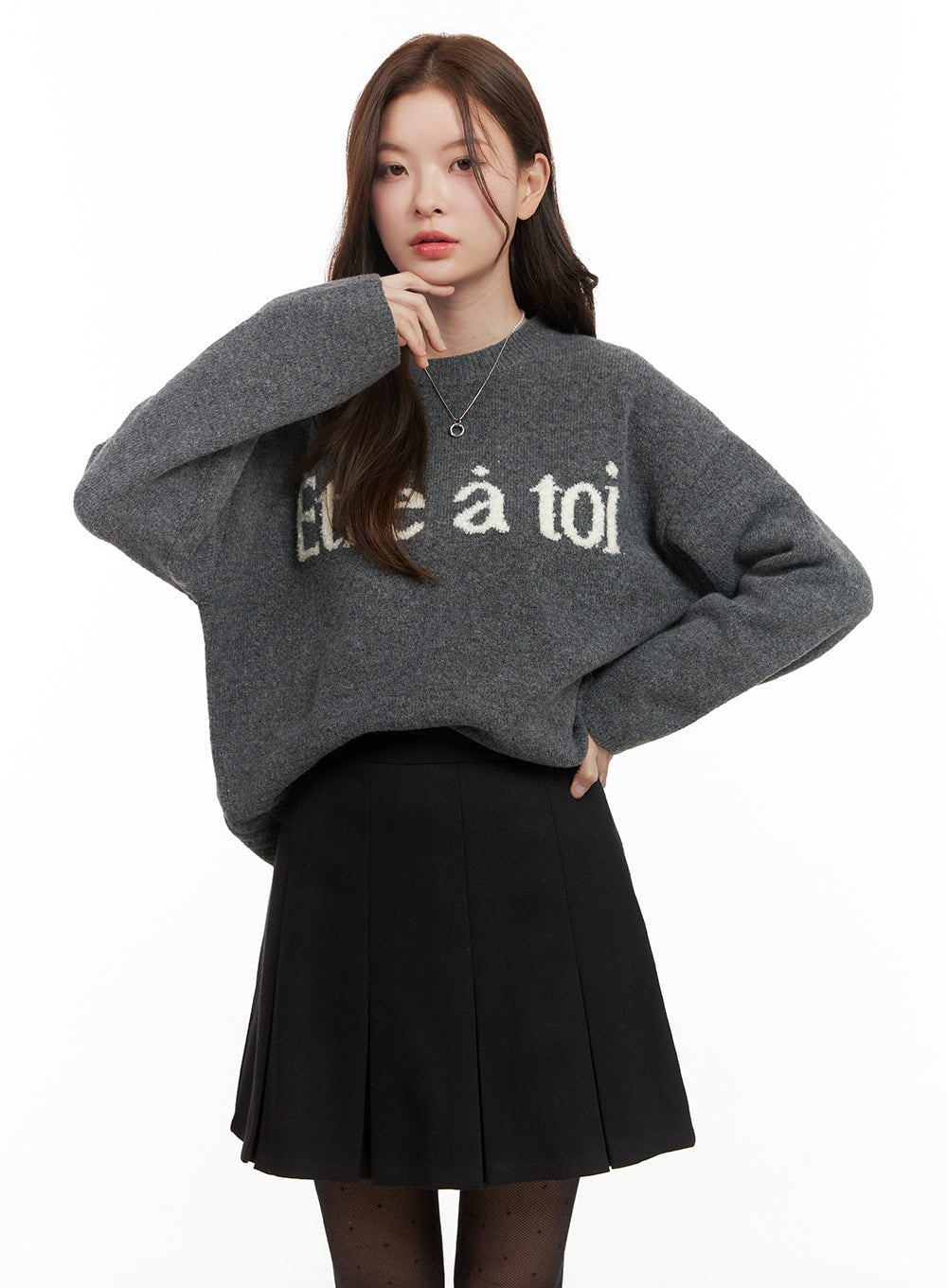 snuground-neck-loose-fit-sweater-od403 / Dark gray