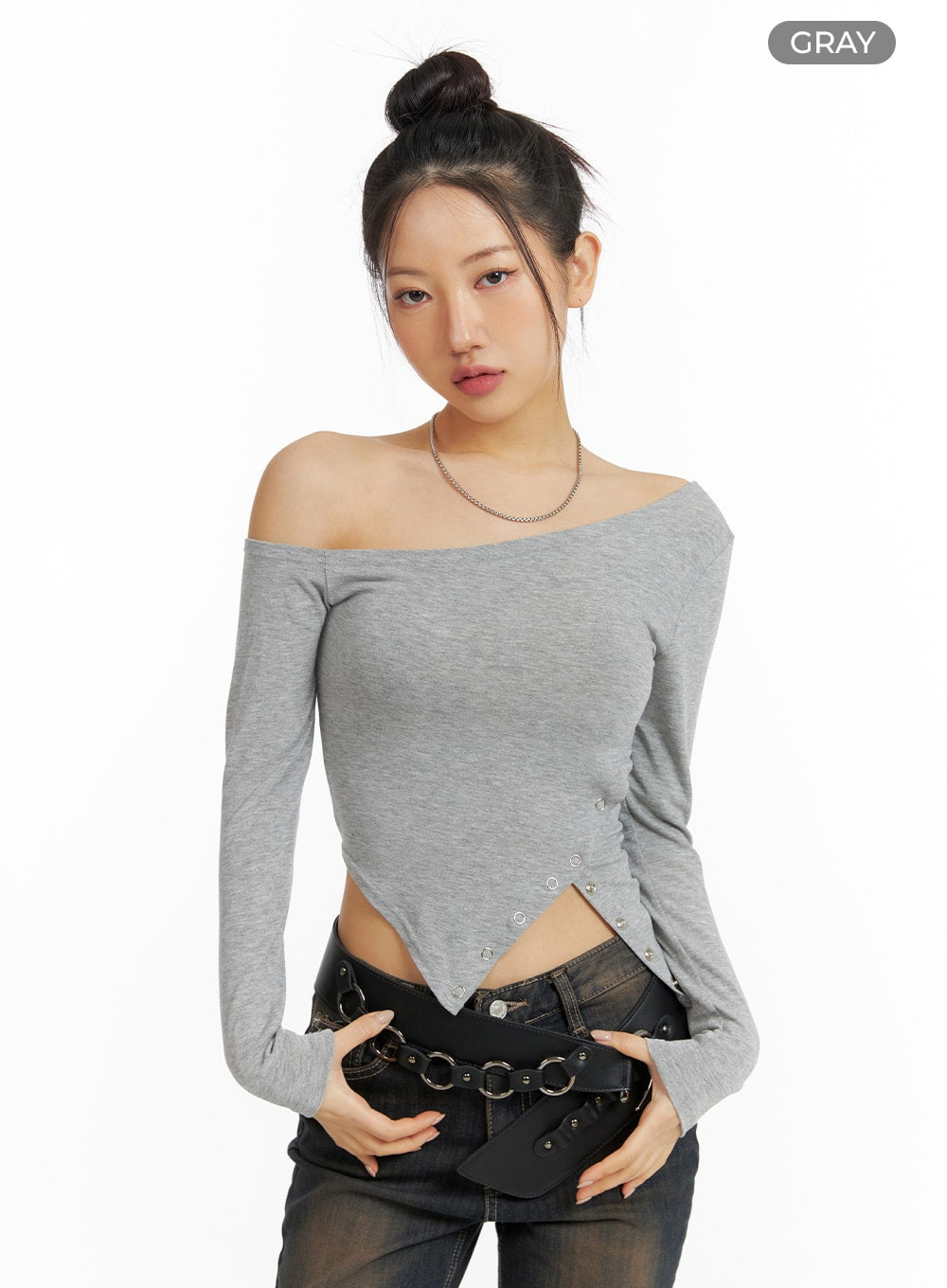 asymmetrical-one-shoulder-side-cut-long-sleeve-cf416 / Gray