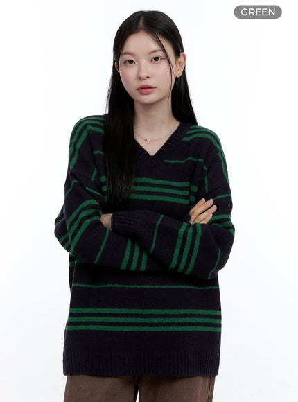 stripe-v-neck-oversized-knit-oo429 / Green