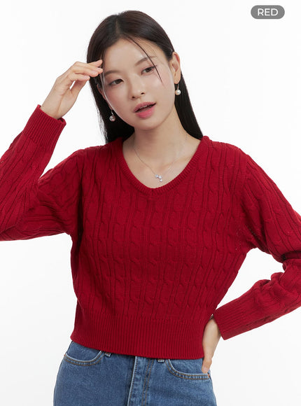 slim-v-neck-cable-knit-sweater-oo416 / Red