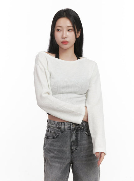 Off-Shoulder Long Sleeve Crop Top CJ517